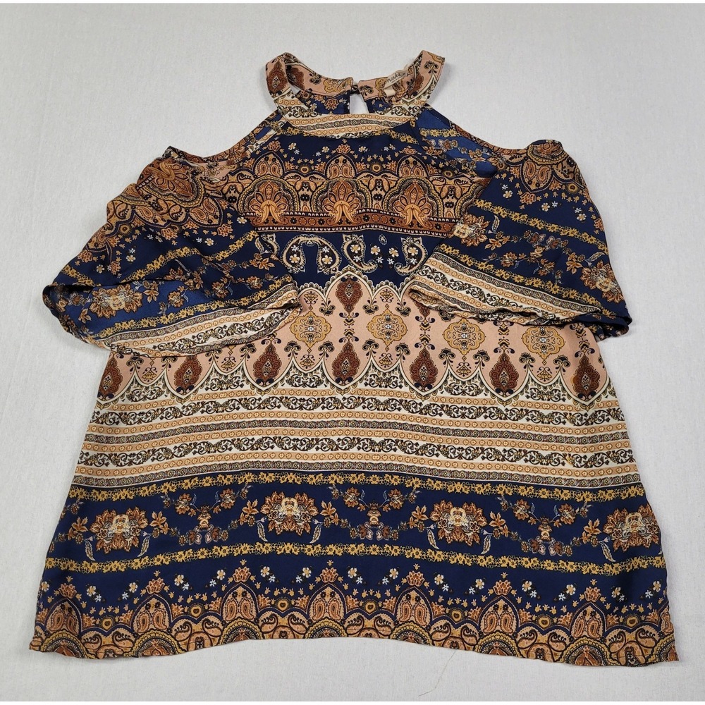 Love Marks Blue & Brown Paisley Print Cold-shoulder Top Blouse Women's Size S